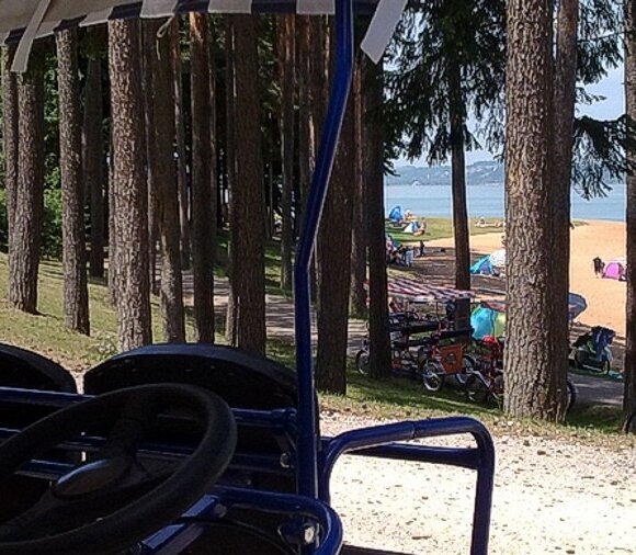 Super Blick durch Bäume auf einen Sandstrand am See.