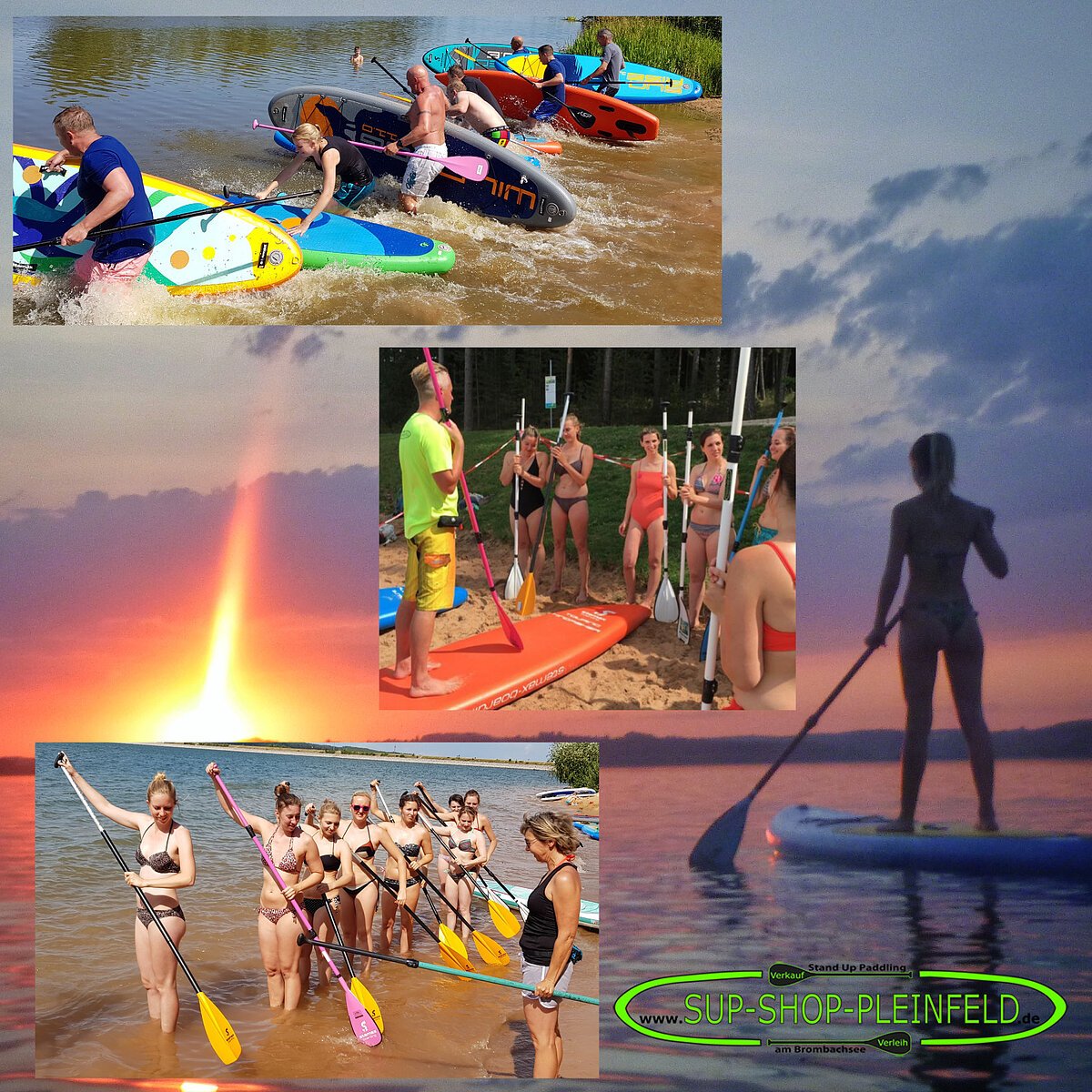 Werbeplakat für den SUP-Shop-Pleinfled. Als Hintergund eine junge Frau auf einem Standuopaddle auf dem See paddelt dem lila orangenen Horizont entgegen. Darauf drei Bilder. Eine Gruppe läuft mit ihren Standuppaddels in den See. Darunter ein Mann gibt Instruktionen an eine Gruppe junger menschen in Badeklamotten. darunter eine Grupper junger Badegäste übt das korrekte Paddeln.