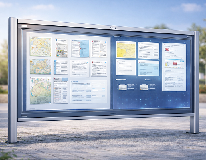 Digitale Amtstafel mit übersichtlich angeordneten Informationen und Aushängen